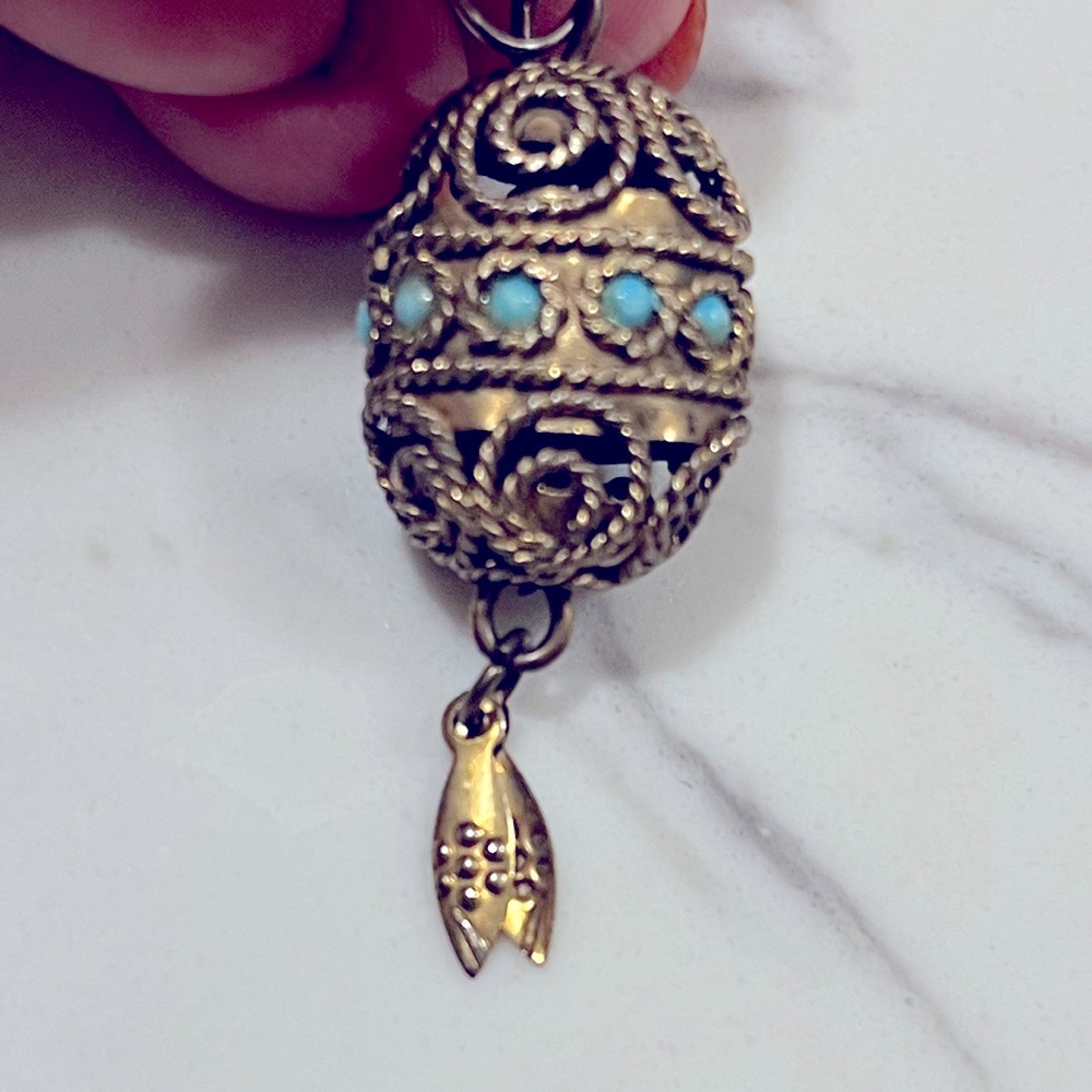 Antique Victorian filigree turquoise egg pendant